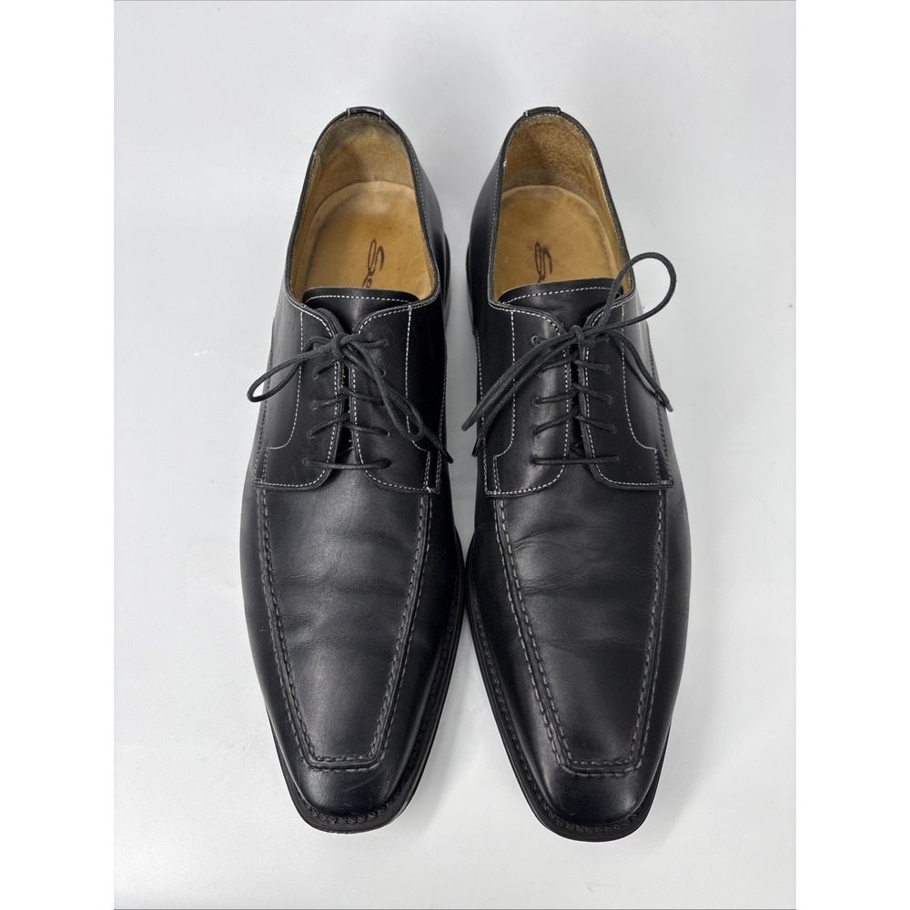 Santoni Apron Toe Dress Shoes Mens 10 D Black Smooth Leather Whipstitch Italy